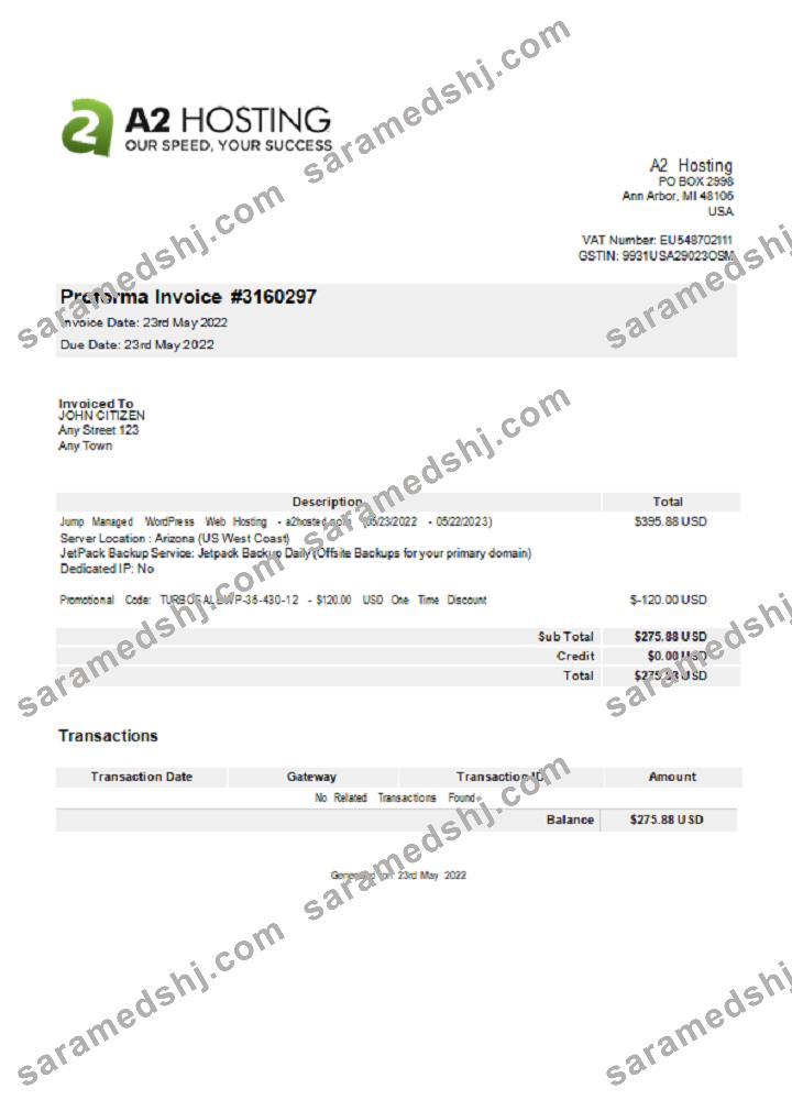 USA A2 Hosting invoice